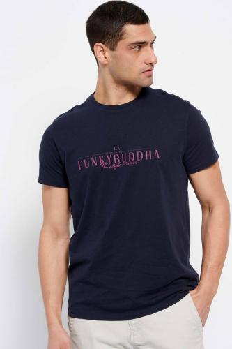Funky Buddha ανδρικό βαμβακερό T-shirt με contrast lettering και logo label στο πλάι - FBM007-023-04 Σκούρο Μπλε S